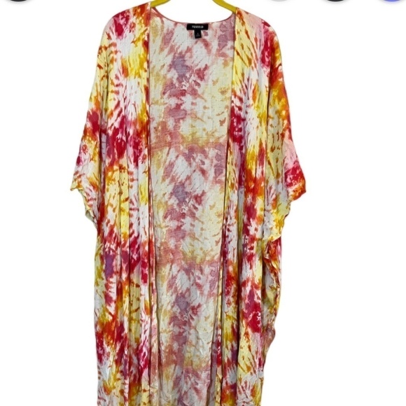 Torrid Kimono Women 22 Pink Open Front Tie Dye Long Duster Yellow Top Summer - Picture 3 of 13